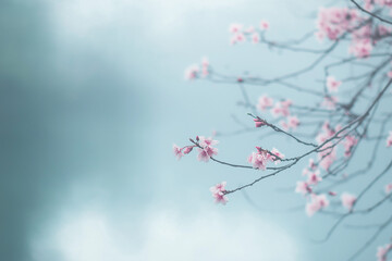 Delicate sakura branch on a soft background, serene atmosphere, dreamy pink hues, copy space