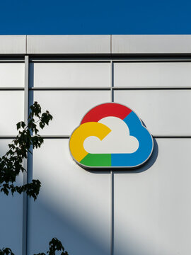 Close up of Google Cloud logo on the building in Sunnyvale, California, USA - June 8, 2023. Google Cloud Platform, offered by Google, is a suite of cloud computing services.