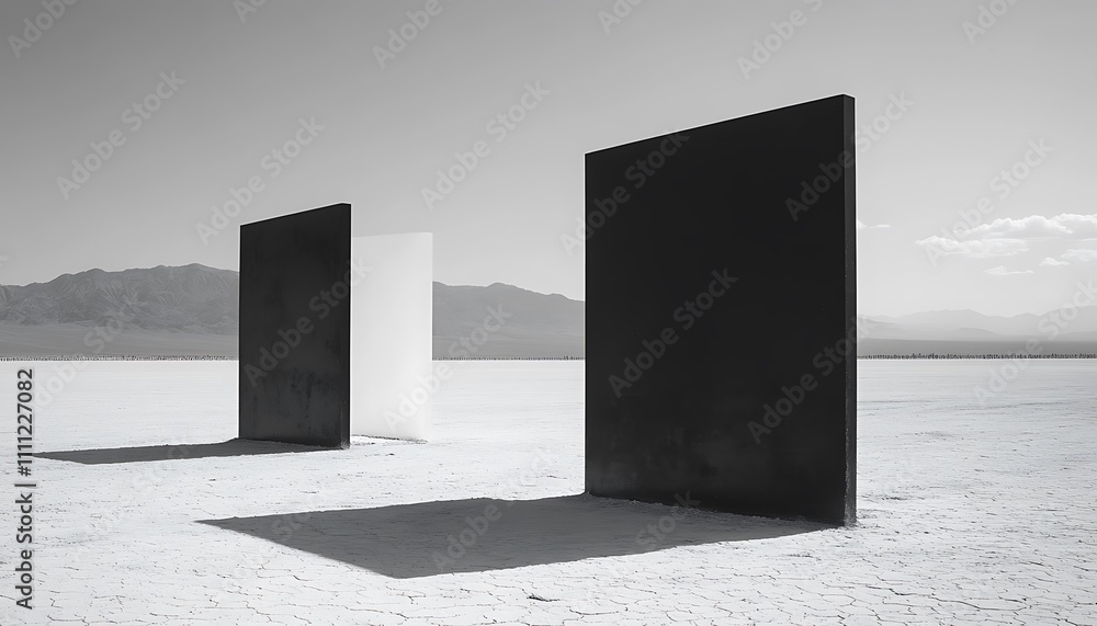 Poster three contrasting geometric forms in a barren landscape create a striking visual juxtaposition.