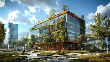 Obraz premium Modern eco-friendly office building with greenery and sustainable design.