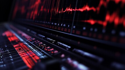 Obraz premium Abstract visualization of sound waves on a digital interface.