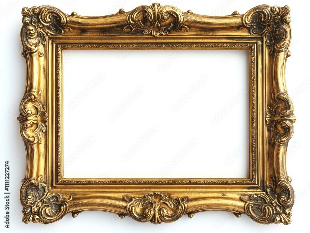 Poster golden ornate picture frame isolated on white background. classic antique style. elegant empty frame