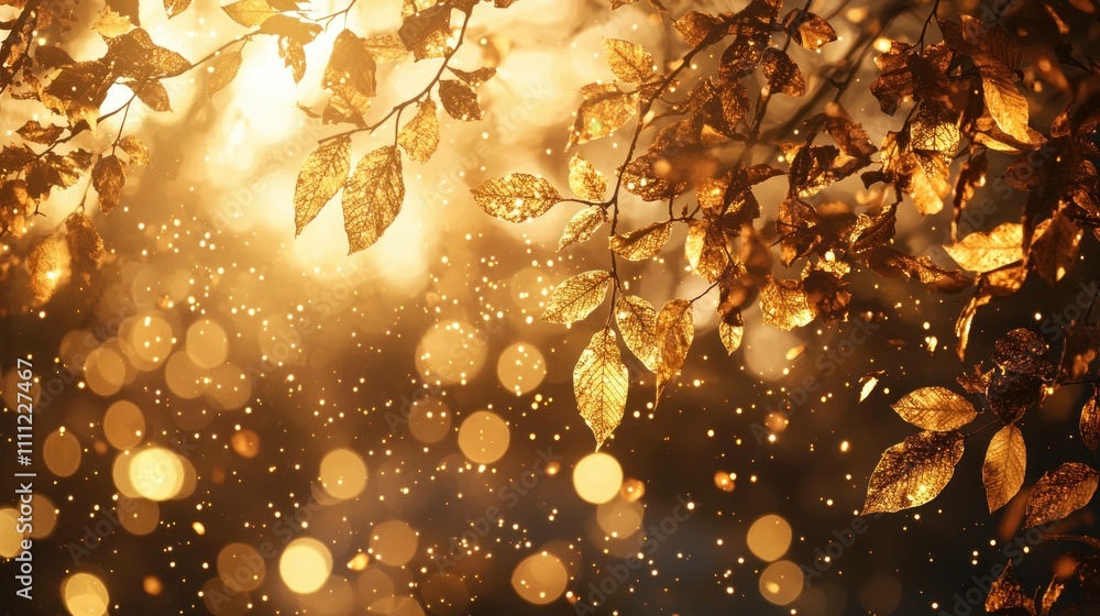Poster golden autumn leaves illuminated by warm sunlight, creating a magical atmosphere with soft bokeh eff