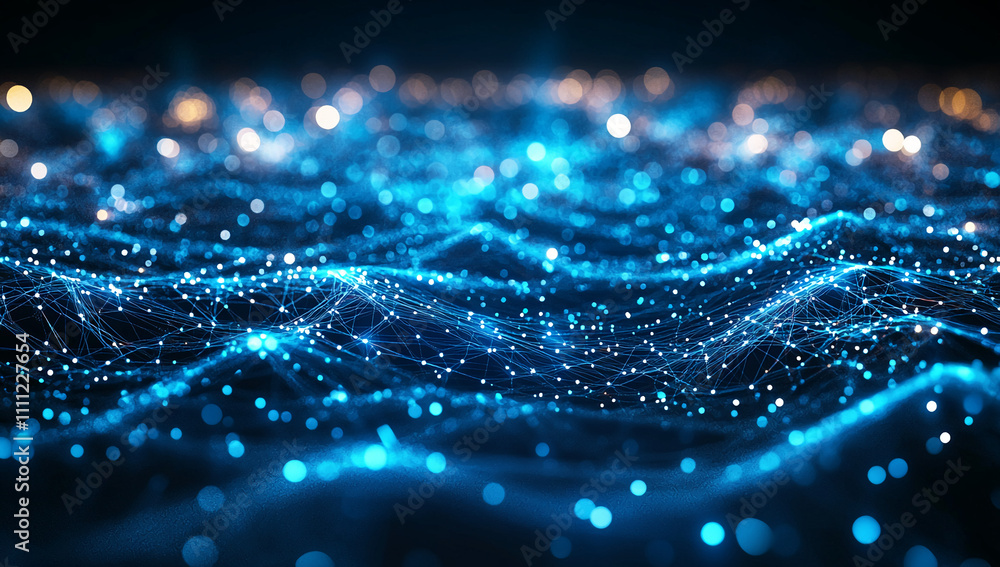 Poster Blue light waves with glowing particles create an abstract visual of digital energy at night