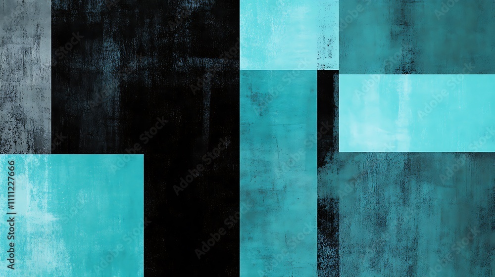 Poster abstract geometric design featuring teal and black blocks with a textured appearance.