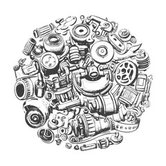 A Circular Composition Of Hand Drawn Automotive Parts