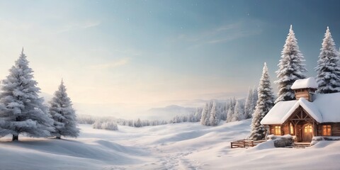 Fototapeta premium Cozy cabin in a snowy landscape during winter at sunrise