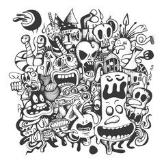 A Cluster Of Grotesque Cartoon Faces And Figures