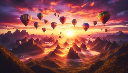 Naklejka premium colorful hot air balloons rising above breathtaking mountain landscape at sunrise, filled with joy and wonder
