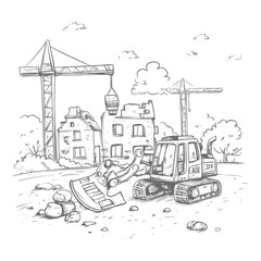 Fototapeta premium Construction Site With Excavator Crane And Building Under Demolition