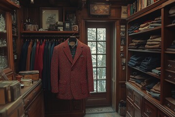 Obraz premium A Red Sequined Jacket Hanging in a Vintage Wooden Closet