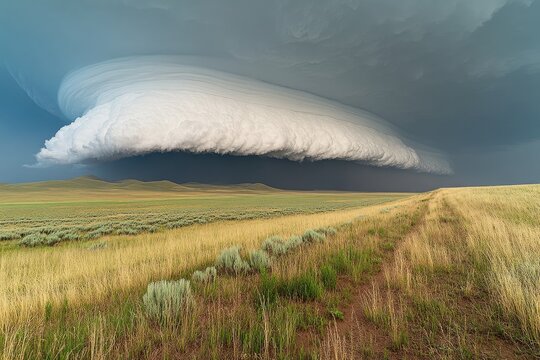 Arcuate Shelf Cloud Over a Grassy Prairie Landscape