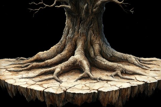 A Large Tree Trunk with Cracked Bark and Exposed Roots