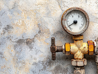 View of a gas pipe with a gauge and fittings arranged on a light gray background
