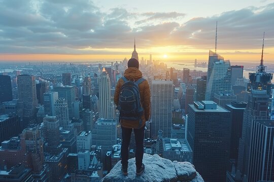 A lone figure with a backpack overlooks the cityscape at sunrise.