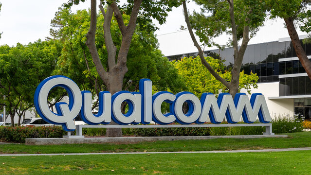 Close up of Qualcomm ground sign at their Silicon Valley office in Santa Clara, USA - June 10, 2023. Qualcomm is an American multinational corporation. 