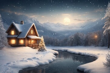 Fototapeta premium Cozy cabin near a river during a snowy winter evening in the mountains