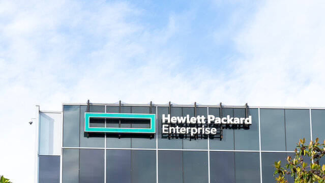 Hewlett Packard Enterprise logo and sign on the office building in San Jose, Ca, USA on June 10, 2023. The Hewlett Packard Enterprise Company is an American information technology company.
