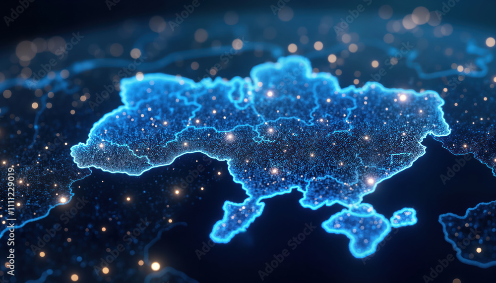 Aufkleber Abstract 3D visualization of Ukraine map. Data points show complex network of communication, digital data flow. Modern tech visualization highlights Ukraine digital presence, connections. Futuristic
