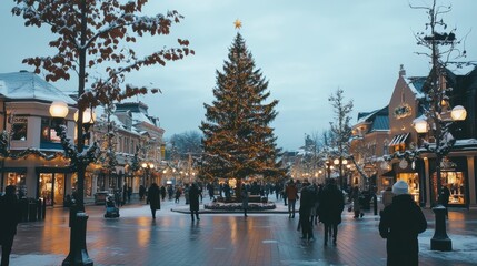 Festive city square with a grand Christmas tree, historic buildings adorned with colorful lights...