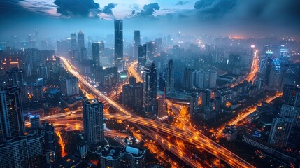 Fototapeta premium Aerial view of a bustling cityscape illuminated at dusk, showcasing urban life and infrastructure.