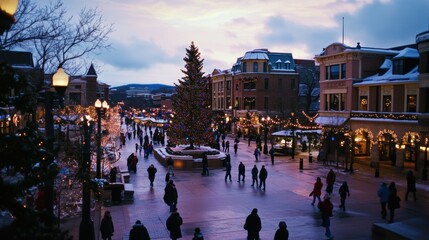 Festive city square with a grand Christmas tree, historic buildings adorned with colorful lights...