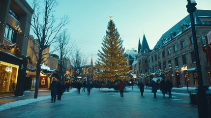 Festive city square with a grand Christmas tree, historic buildings adorned with colorful lights...