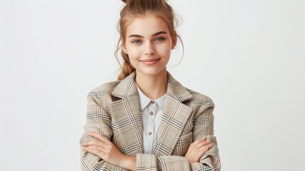 Confident middle aged businesswoman smiling with crossed arms in suit against white backdrop