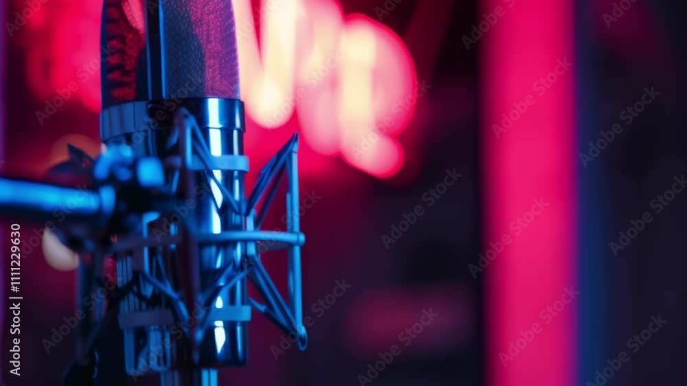 Poster Close up of a professional microphone capturing audio in a recording studio bathed in vibrant neon light, creating a dynamic and artistic atmosphere