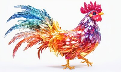 Fototapeta premium A vibrant, colorful rooster made of feathers, showcasing artistic craftsmanship and creativity in design.