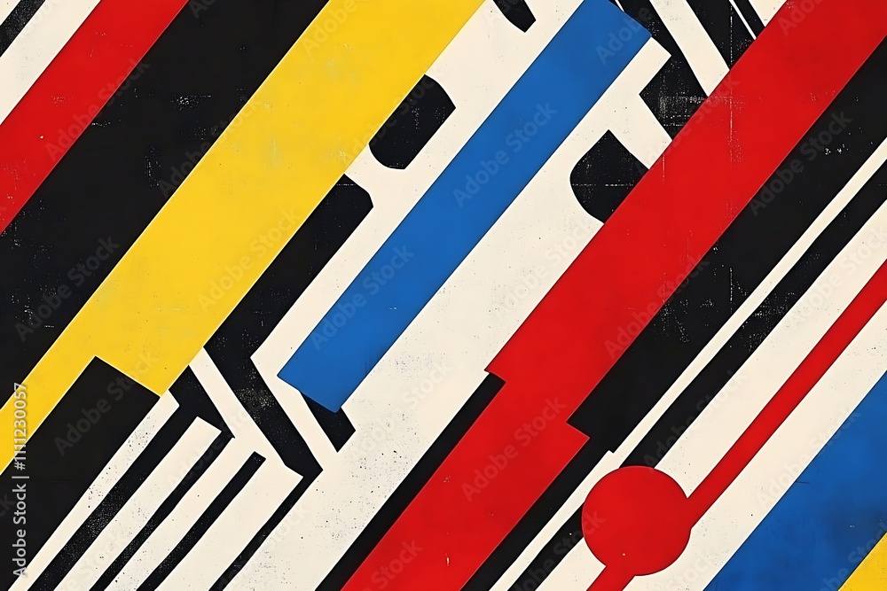 Poster abstract geometric composition with bold colors and dynamic lines.
