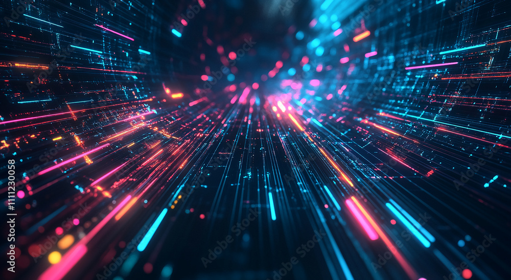 Poster colorful light trails create an abstract digital landscape in a futuristic setting