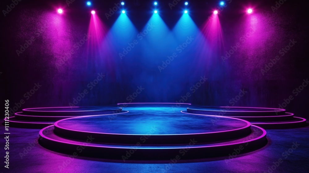 Poster empty dark stage with dark blue purple pin background. neon purple and blue lights illuminate multip