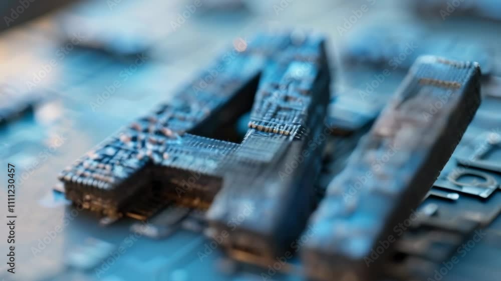 Poster Complex metallic ai letters are growing from a sophisticated circuit board, symbolizing the rise of artificial intelligence in modern technology