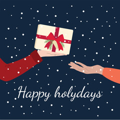 Christmas greeting card. Happy holidays illustration. Gift in hand. Flat style winter illustration. Christmas illustration. 