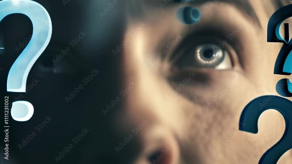 Poster person deep in thought, surrounded by question marks, symbolizes quest for knowledge and solutions, 