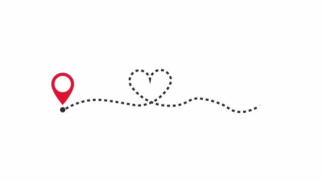 Two Red Location Pins Heart Route Map Love Journey Path Destination. 4k video