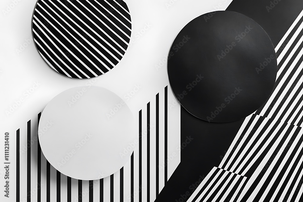 Aufkleber abstract composition of circular shapes and striped patterns in black and white.