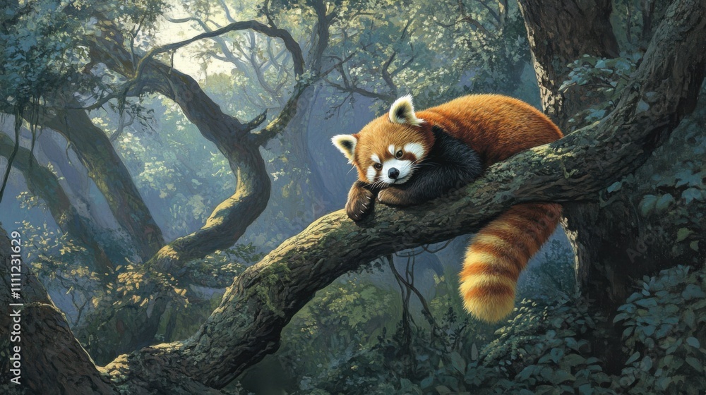 Aufkleber adorable red panda resting peacefully on a moss-covered branch in a serene forest setting, surrounde