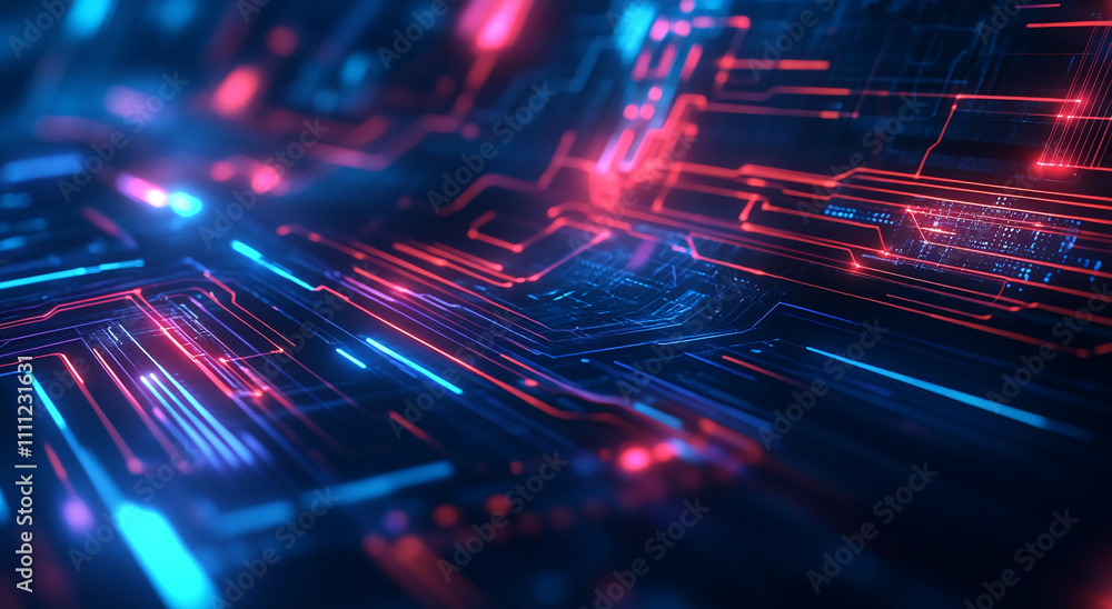 Aufkleber exploring vibrant digital circuitry with glowing blue and red lines in a futuristic environment