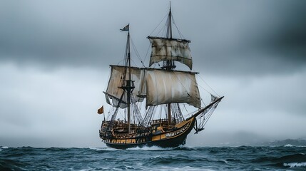 Obraz premium Historic Wooden Sailing Ship on Stormy Seas