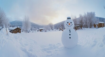 Obraz premium Joyful Winter Scene: Panoramic View of a Cheerful Snowman Amidst a Frosty Wonderland with Ample Copy Space