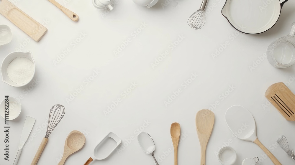 Poster a flat lay arrangement of various kitchen utensils such as spatulas, whisks, and pots on a clean, wh