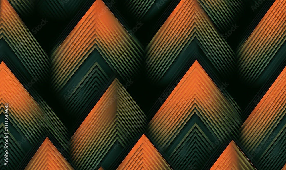 Poster abstract pattern of orange and green chevron shapes creating a textured design.