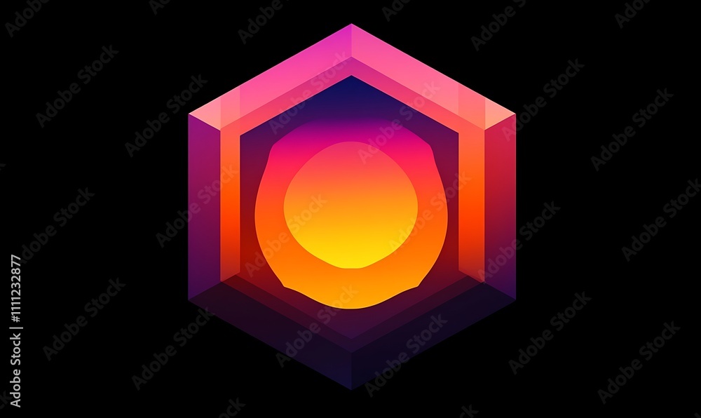 Poster a stylized hexagonal design featuring a gradient sun-like shape in vibrant colors.