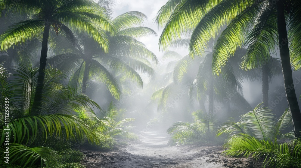 Poster lush tropical jungle pathway surrounded by tall green palms with soft mist and ethereal light filter