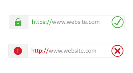 Secure site with HTTPS  SSL. Browser Address Secure and Insecure Web Addresses. Http secure and not, connection ssl encryption. 