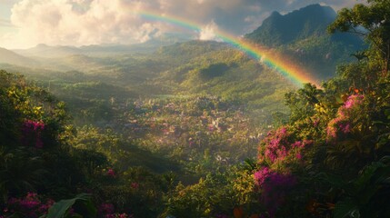 Majestic Rainbow Over Lush Tropical Landscape with Vibrant Flora and Serene Valley Under Bright Sky and Soft Clouds