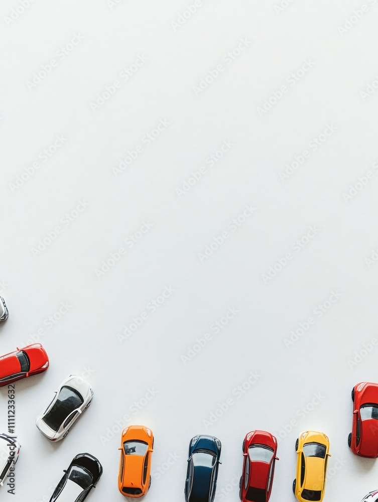Poster Various miniature car models are arranged on a plain white background, creating a clean and spacious layout ideal for promotional material. Generative AI