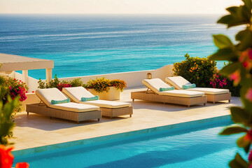 Obraz premium Terrace in villa with sunbeds and swimming pool . AI Generated